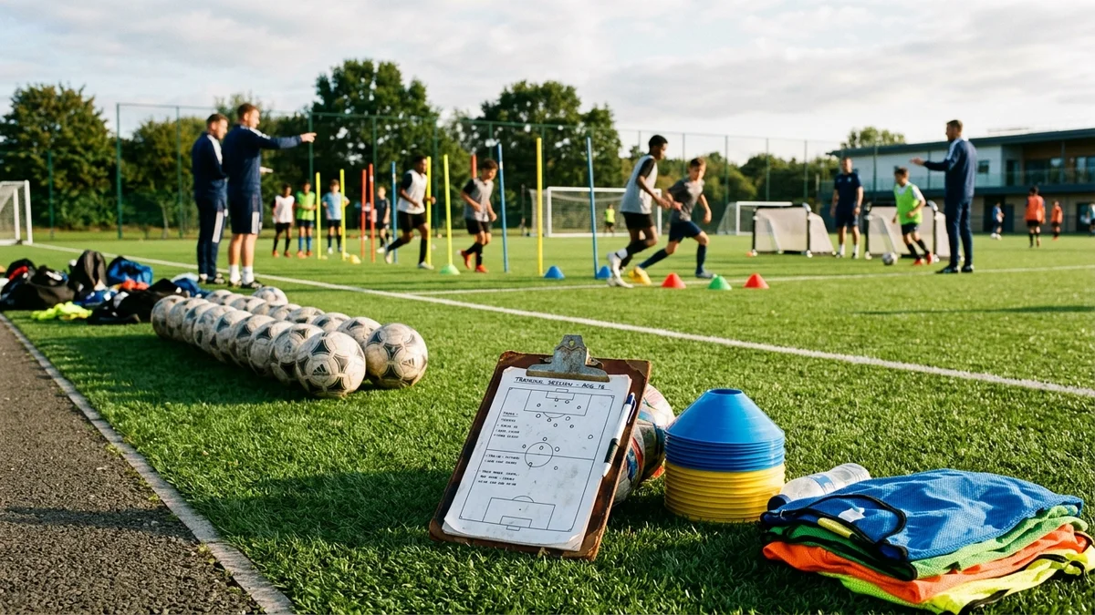 Elite youth soccer academy tactical training session with cones and equipment
