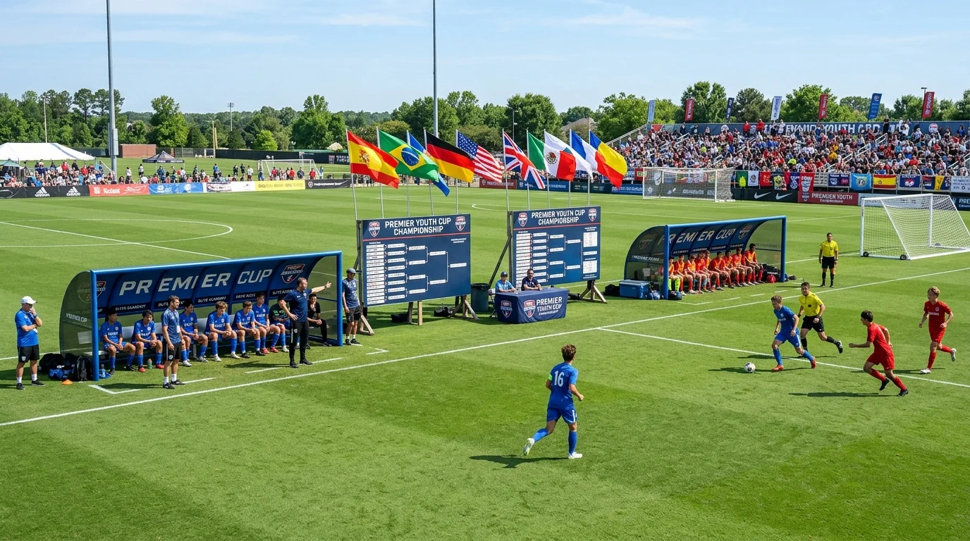 Championship youth soccer tournament match with team benches, pitch schedule boards, and grass field